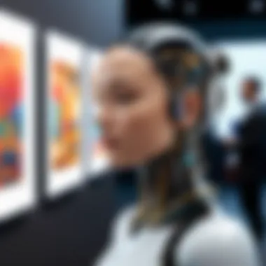 An inspiring showcase of various AI-created artworks displayed in an exhibition setting, demonstrating diversity in creativity.