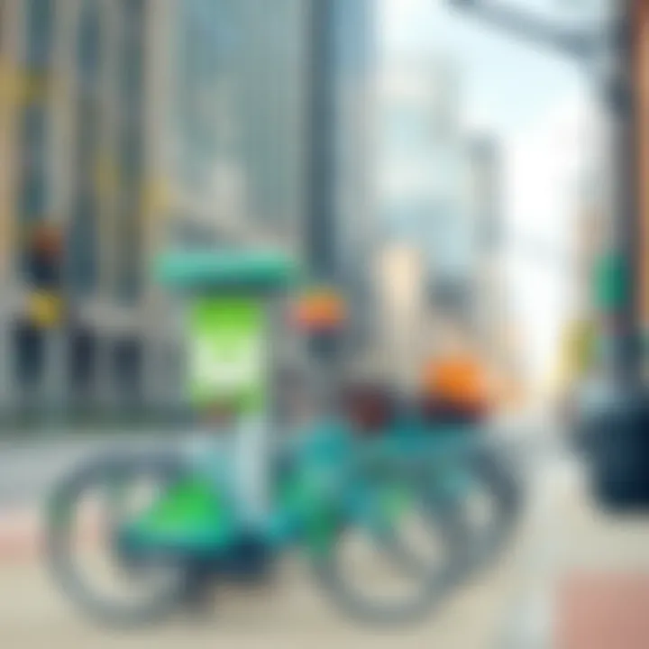 Bikeshare Station in Urban Environment Bicycles parked at a Capital Bikeshare station amidst a cityscape