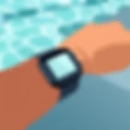 A close-up view of a Fitbit device on a poolside.