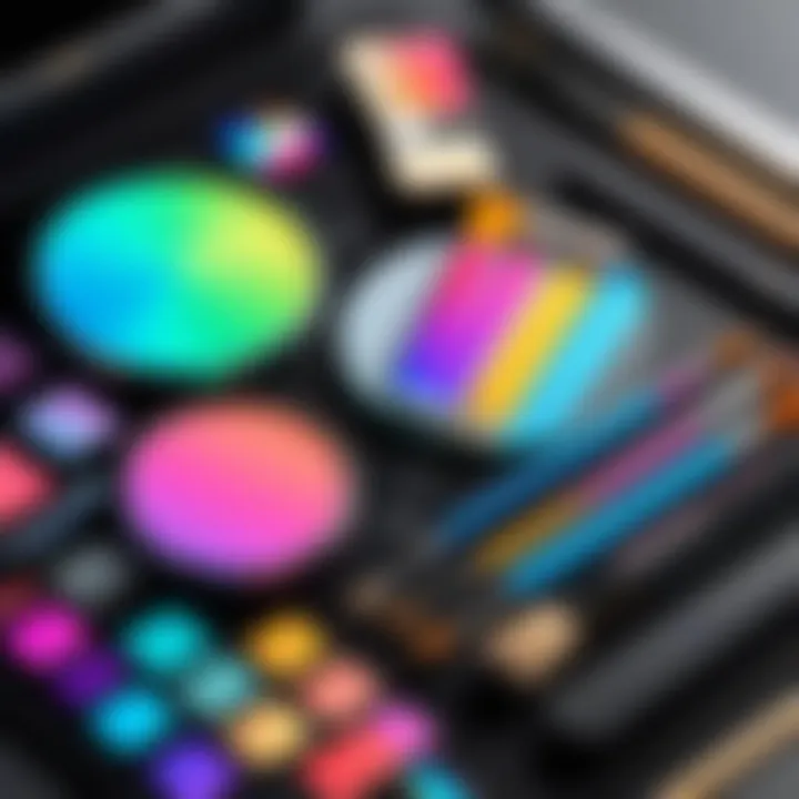 A color palette with various brushes used for digital illustration.