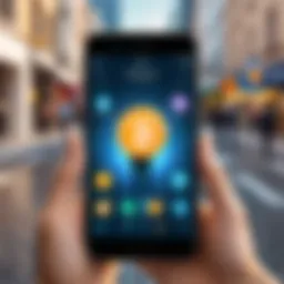 A person walking with a smartphone displaying a cryptocurrency app