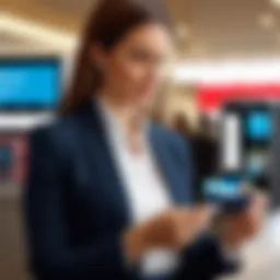 Elegant businesswoman making contactless payment with Wells Fargo Tap Card