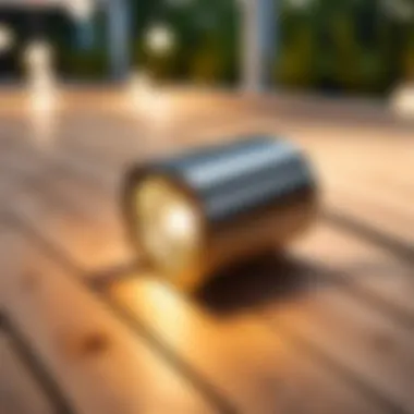 Close-up of IKEA garden light fixture on a wooden deck