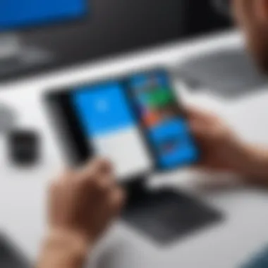 Surface Duo User Experience in Action A user interacting with the Surface Duo in a real-world environment