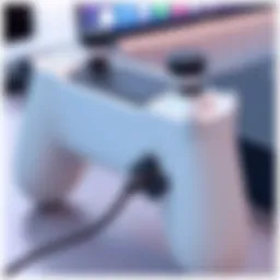 A close-up view of a gaming controller connected to an Apple device