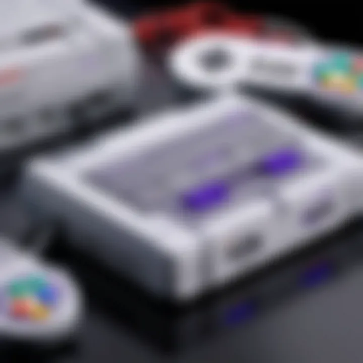 Close-up of an authentic SNES console with games