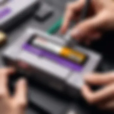 Collector examining an SNES cartridge for authenticity