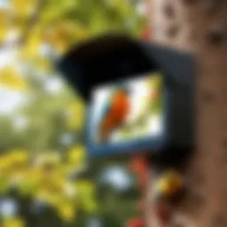 A close-up of a digital bird feeder camera mounted on a tree, capturing a vivid scene of birds feeding.