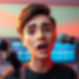 A digital rendering of a face animated in a vibrant musical setting.