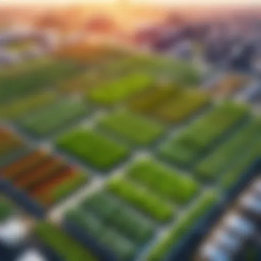 Aerial view of a vibrant urban farming initiative using modern technology.