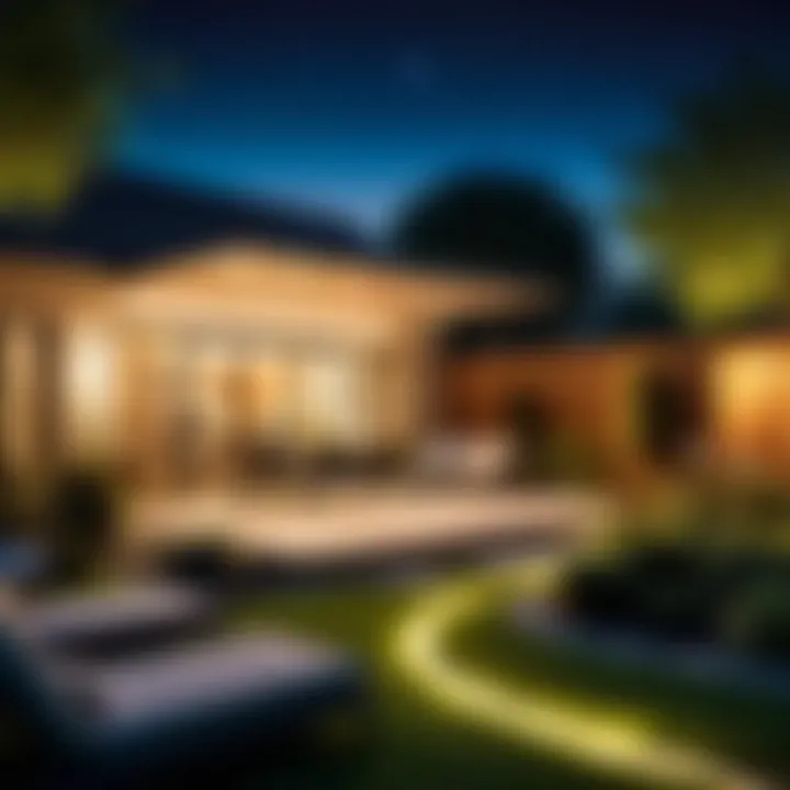 A serene night scene featuring Philips energy-efficient outdoor lights in a backyard.