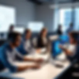 A diverse group of professionals collaborating in a modern tech office