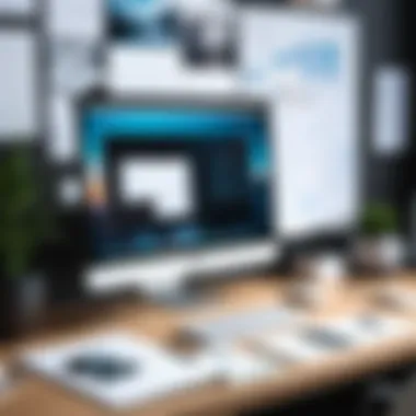 A creative workspace featuring a digital device displaying a moodboard in progress.