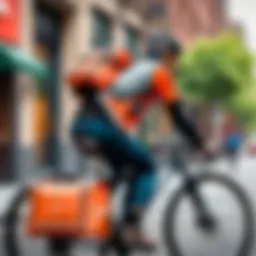 A bicycle courier navigating through urban streets with a food delivery bag.