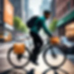 Cyclist navigating urban streets with a delivery bag