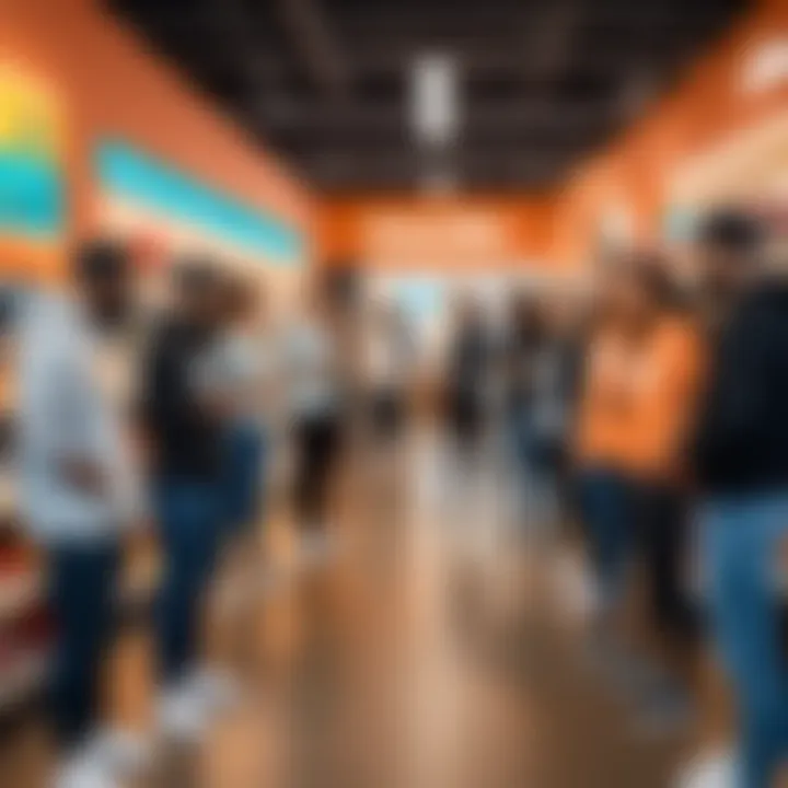 A group of diverse individuals engaging with threadless clothing brands in a modern shopping environment.