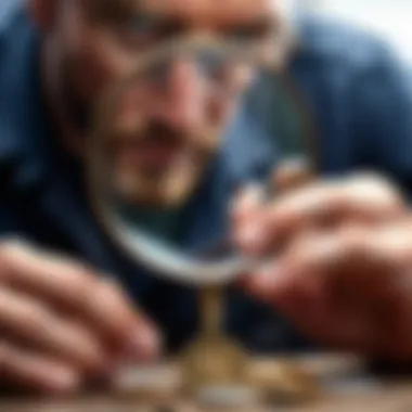 Vintage coin seller's hand holding a magnifying glass inspecting a valuable coin