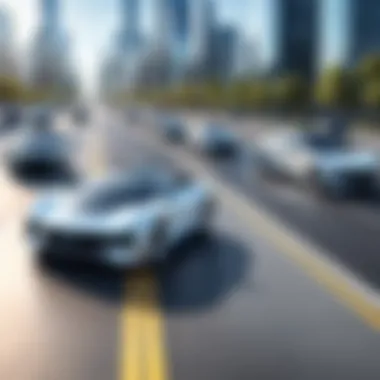 Future of Transportation with Autonomous Vehicles A futuristic concept of transportation, featuring various autonomous vehicles on the road.
