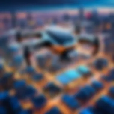 Compact drone showcasing futuristic cityscape