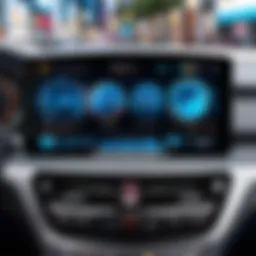 An advanced car dashboard displaying advertisements through digital screens