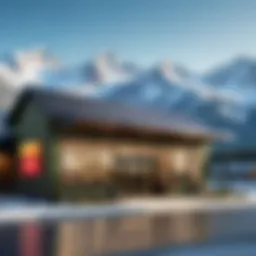 A mesmerizing view of Moosejaw Outdoors store facade with majestic mountains in the background