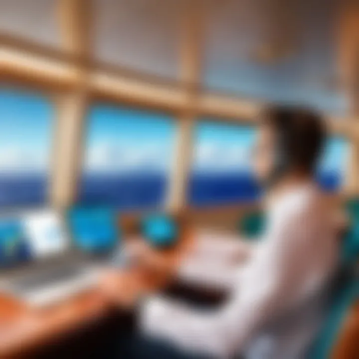 Passenger using satellite internet on a cruise ship