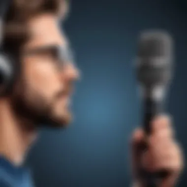 Podcast host using clip-on microphone