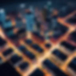 Rooftop view of a city skyline at night