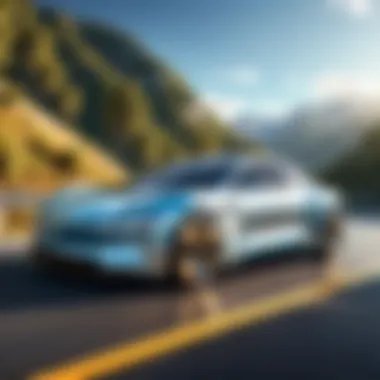 Luxury Electric Car on a Scenic Route A luxury electric car on a scenic road, emphasizing performance and design.