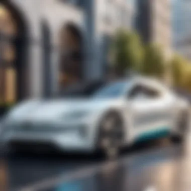 Modern Luxury Electric Car in an Urban Environment A sleek luxury electric car charging in an urban setting, highlighting modern design.