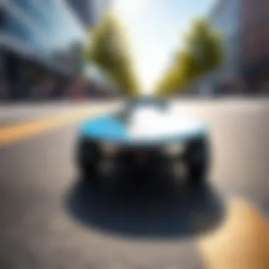Electric Skateboard in Urban Environment A sleek electric skateboard gliding over an urban landscape