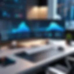 A futuristic workspace showcasing app development tools and interfaces