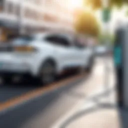 A modern electric vehicle charging in an urban environment