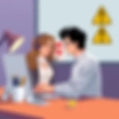 Illustration depicting online dating interaction with a cautionary theme