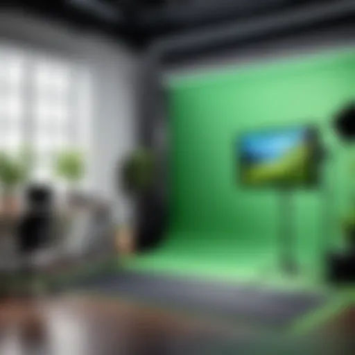 A well-lit green screen setup in a modern studio environment