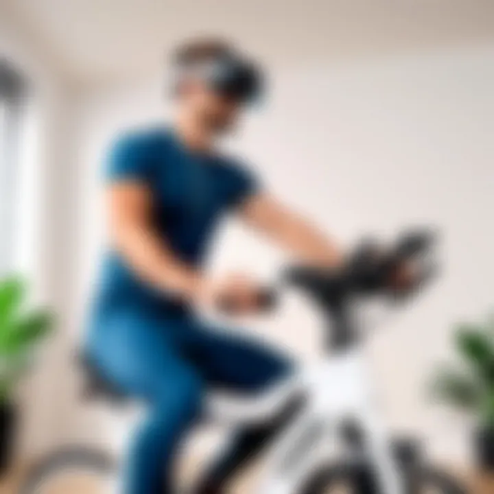 User engaged in a virtual cycling experience with a VR headset